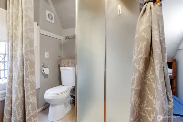 Another view of the shower in the "Attic" the curtains can be pulled around for privacy.