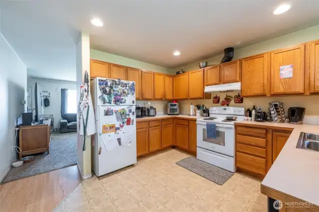Large country style kitchen w/ laundry closet. Appliances are included.