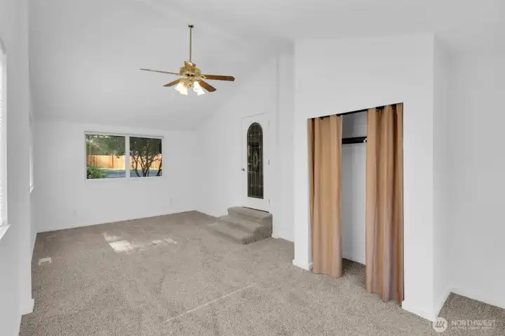 Vaulted Ceiling Giant Primary with beautiful deck