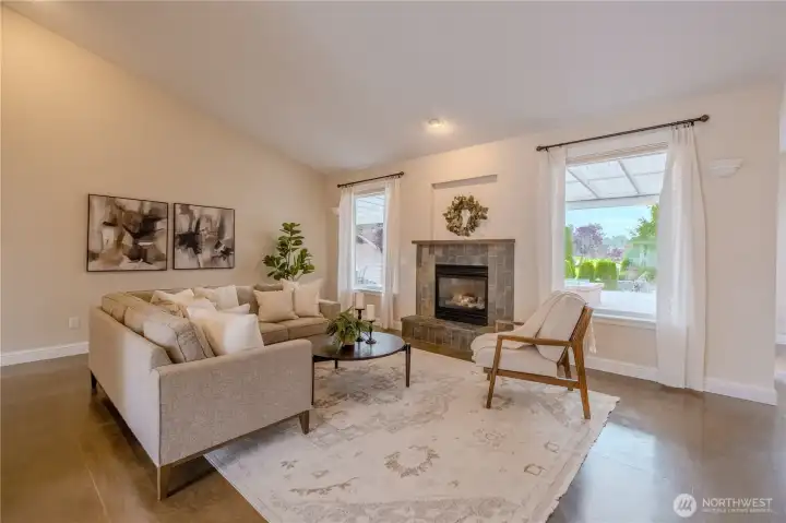 Vaulted Ceiling and Gas Fireplace - View of the 1st Tee Box