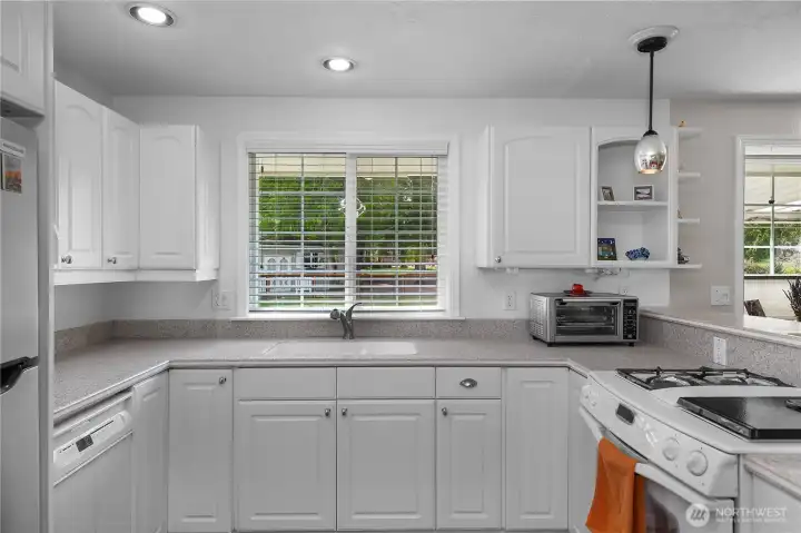 View of the backyard and golf course from the sink.
