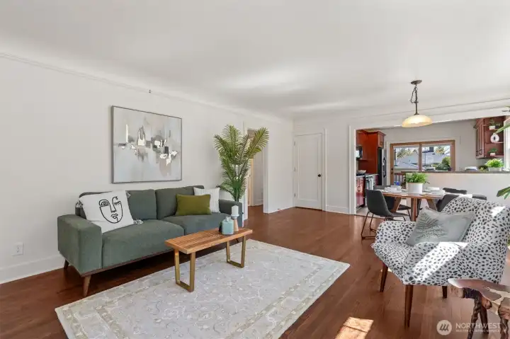 Open concept living and dining with interior access to basement right off the kitchen.