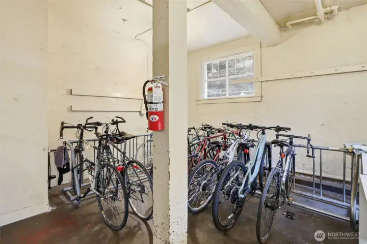 Secure bike storage in the laundry room.