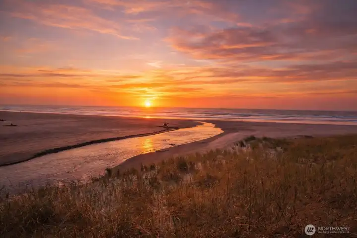 Peaceful coastal sunset over grassy dunes — the perfect backdrop for your future Surfside retreat