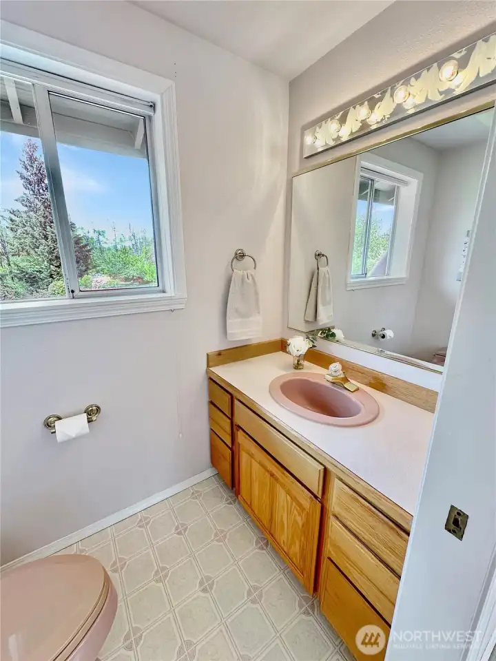 Separate toilet room with additional sink.