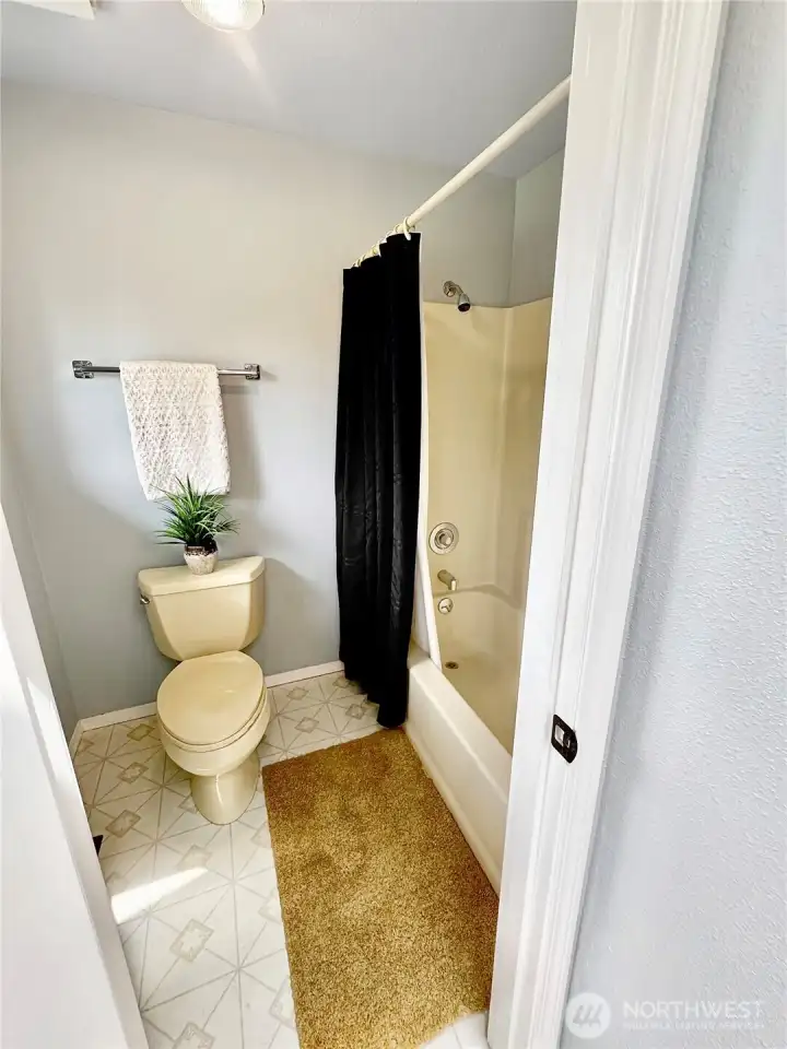 Toilet and tub/shower in hall bathroom.