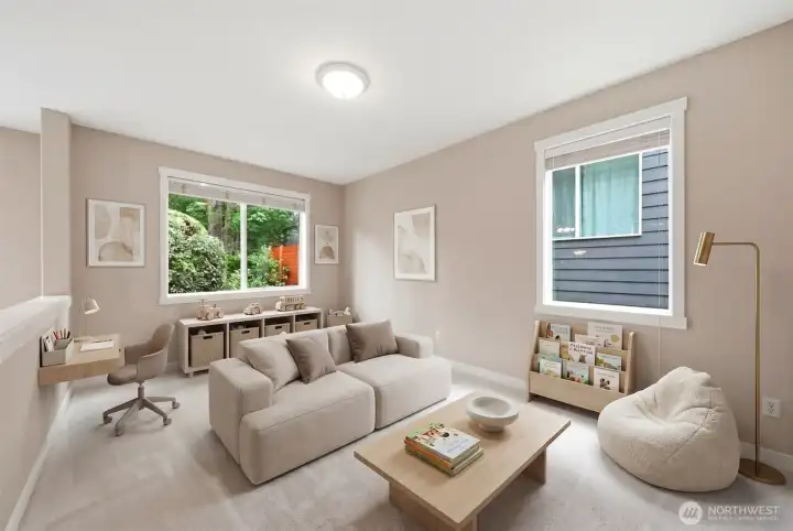 Virtually staged bonus room can be used for anything! Den, playroom, craft area, library...