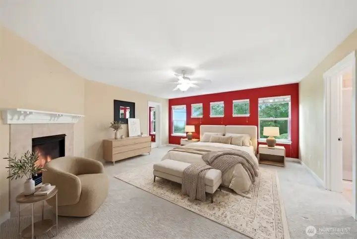 Virtually staged primary bedroom upstairs.