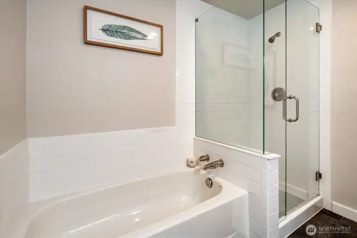 Get prepped or wash away the day in the primary suite’s luxe five-piece bathroom.