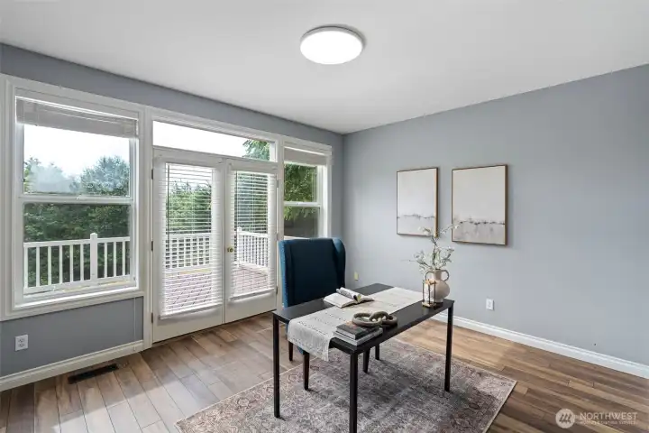 Office with french doors to back deck