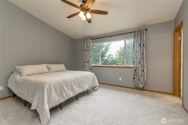 Expansive primary suite boasts vaulted ceiling and a walk-in closet