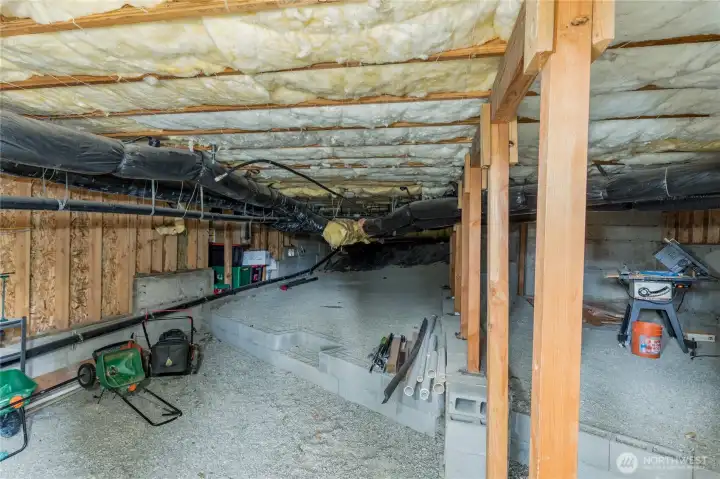Rare, full-height walk-in crawlspace offers massive storage capacity or the potential for a dedicated workshop