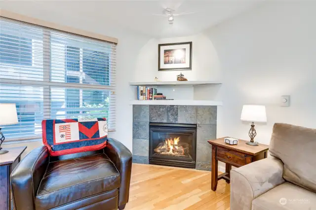 The cozy gas fireplace affordably heats the main level in the cooler months.