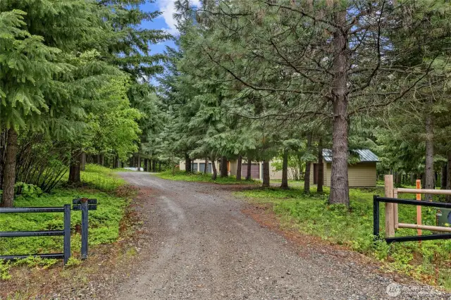Mature landscaping surrounds long driveway.
