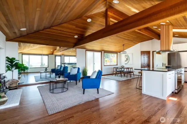 Cedar wrapped beams and vaulted ceilings.
