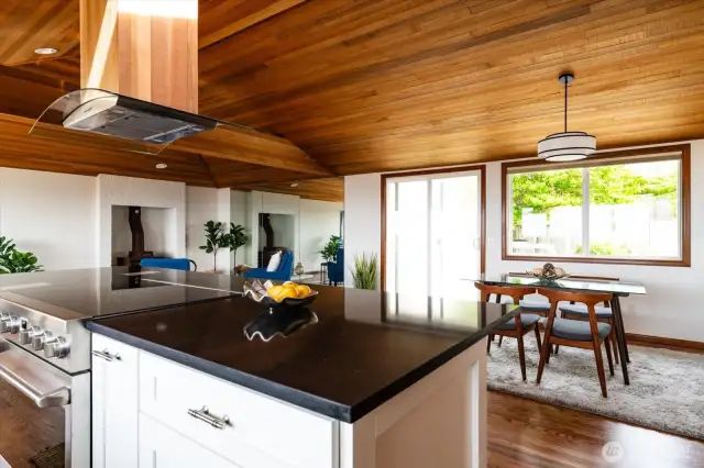 Kitchen with cedar wrapped hood.