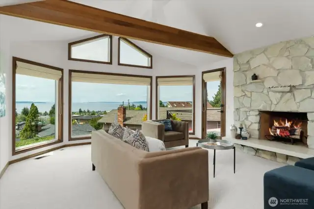Sunken Living room with fireplace