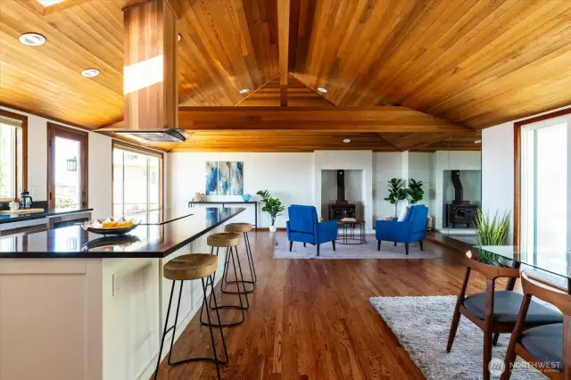 Kitchen and Great room with fireplace.