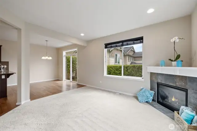 Open to Dining area with  slider to private patio.