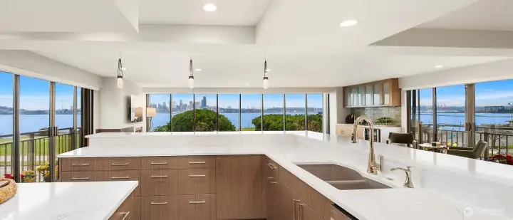 Open floor dining & living room with huge kitchen and amazing view on 3 sides