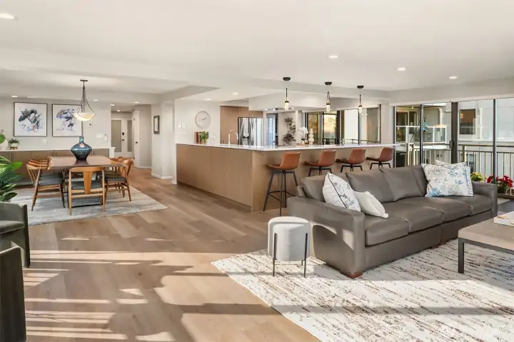 Living & dining room with huge chef's kitchen
