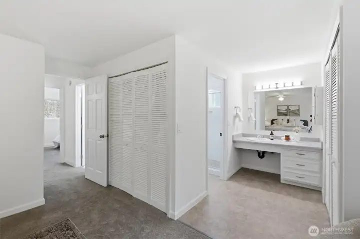 A view towards the primary bathroom vanity.