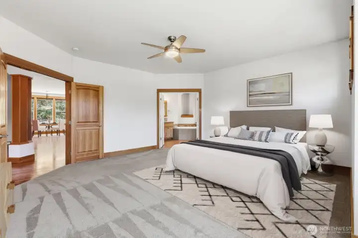 PERFECT PRIMARY BEDROOM EASILY FITS A KING SIZE BED W/ ROOM FOR FURNITURE & PRIVATE EN-SUITE BATHRM.