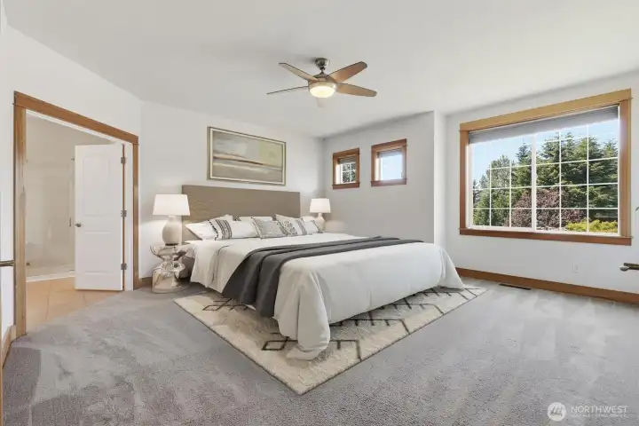 LARGE PRIMARY BEDROOM, W/ PRIVATE ACCESS TO WELL DESIGNED 5-PIECE BATHROOM SUITE.