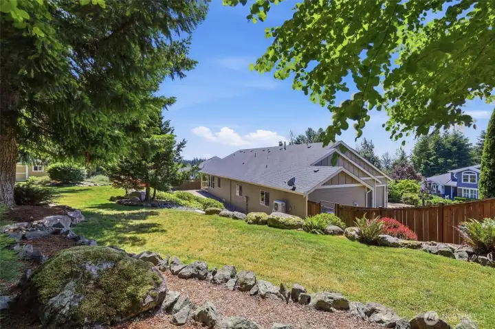 LARGE BACK YARD, FULLY FENCED, BACKS UP TO GREEN BELT SPACE.