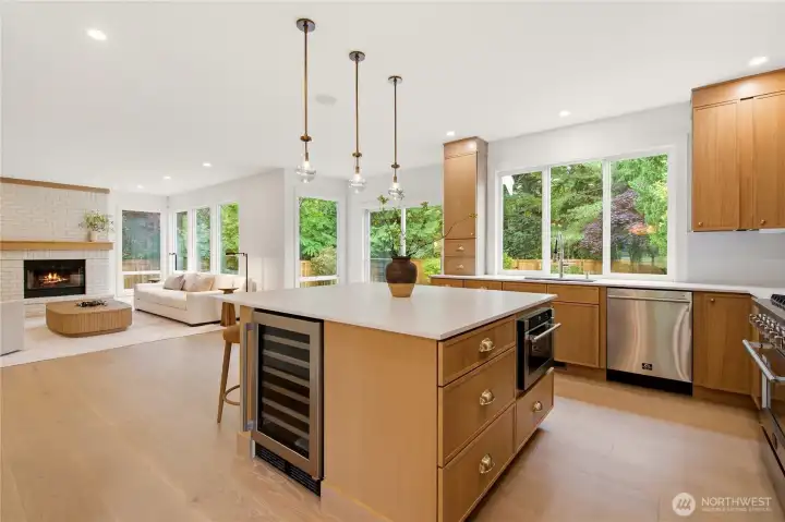 Island features drawer microwave & wine cooler