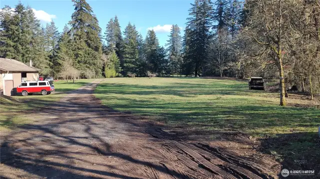 Upper lot with shop and mature fruit trees.