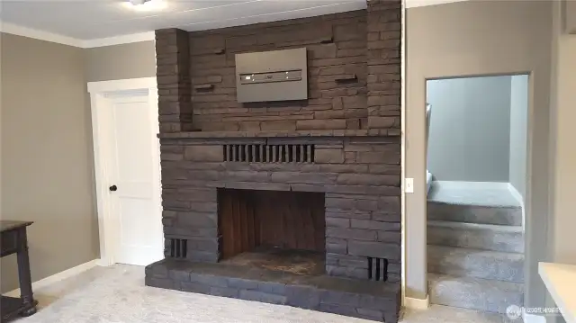 Wood-burning fireplace with TV mount above