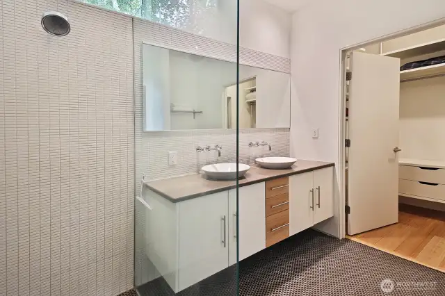 Primary bath and opening to walk in closet that houses the washer, dryer, and also serves as a utility room.