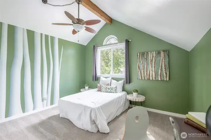 2nd level bedroom, office, or yoga retreat ready! With the high ceiling, ceiling fan, calming color with mural, and the glowing galaxy on ceiling at night this could be anything you desire!