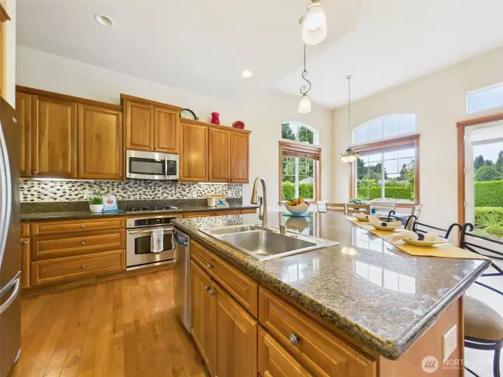 Oversized granite eating island overlooking backyard