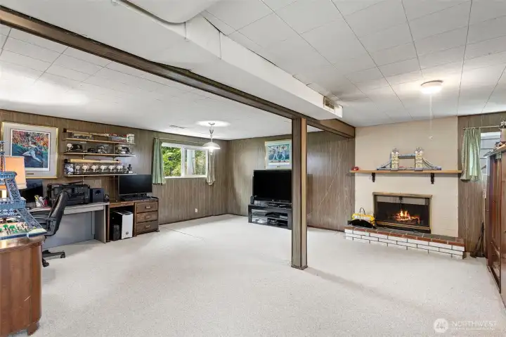 Huge finished basement with wood burning fireplace.