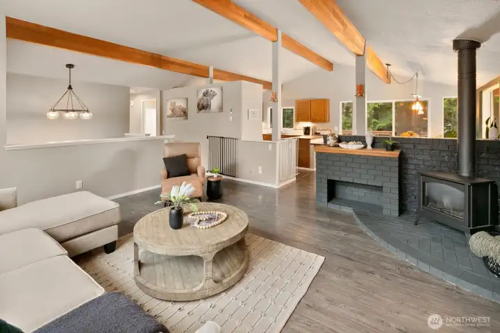 Beautiful wood beams throughout the living room.
