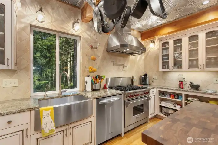 Gourmet kitchen with beautiful tin ceiling
