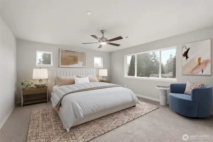 Primary Bedroom will feature vaulted ceiling and overlooking the backyard. Upgraded carpet and pad.