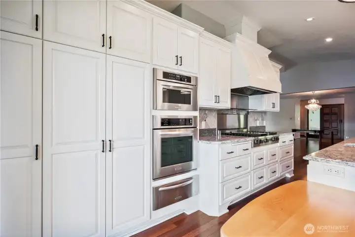 Gourmet kitchen offers abundant custom cabinetry, quartz countertops, & high end SS appliances, and more river views.