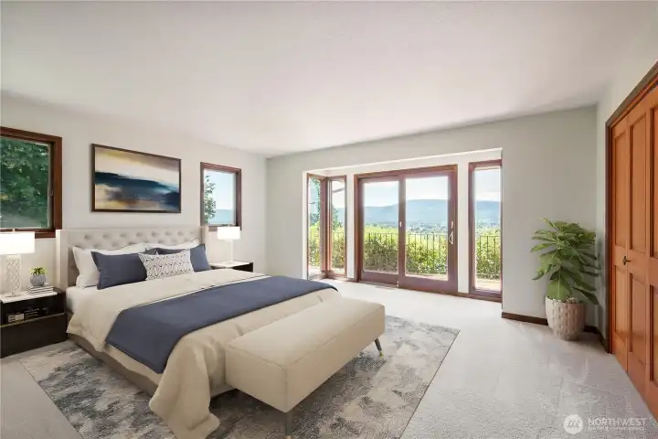 Main level primary bed w/ 5-piece ensuite, wraparound deck and river views.