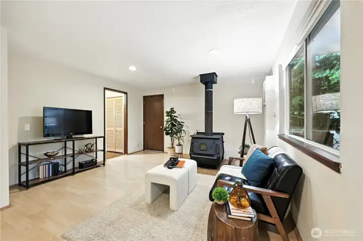 This wood stove heats the space handily!