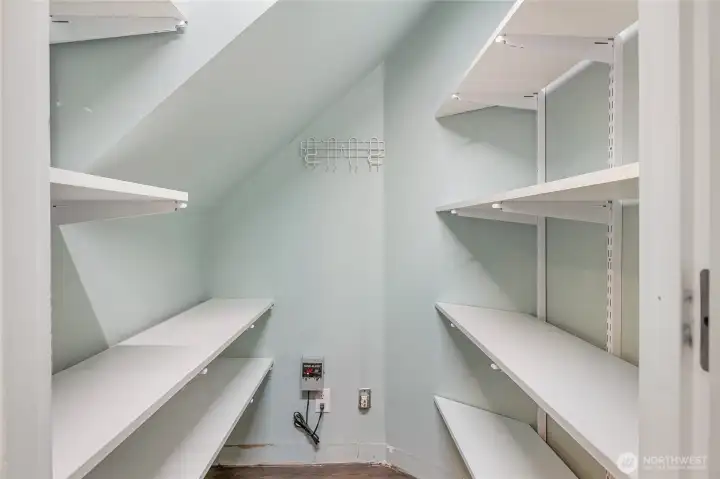 A walk-in pantry makes food and appliance storage a breeze.