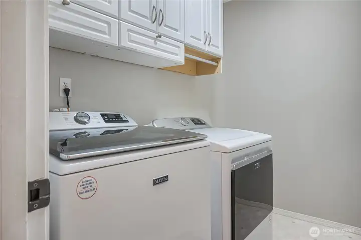The laundry room is located on the upper level and offers a skylight. The washer and dryer remain with the home.