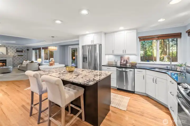 Kitchen flows naturally into the family room.