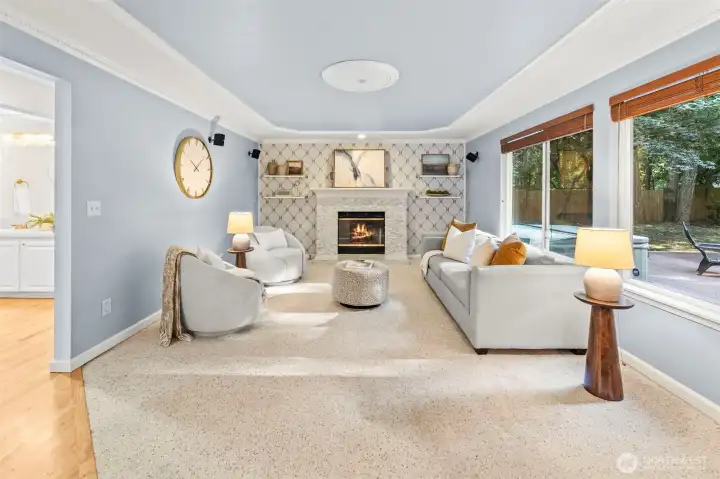 Large windows invite the outdoors in.