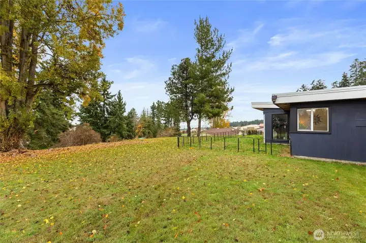 Side of very large yard with views of the Strait of Juan de Fuca and Mount Baker.