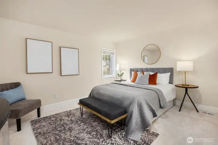 Three additional bedrooms and a full bath are thoughtfully positioned on the upper level. Bedroom #3.
