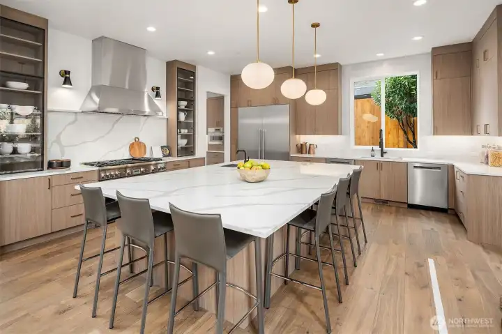 Chef-inspired kitchen w/statement quartz island