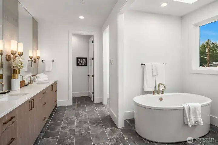 Spa-inspired bath w/heated floors